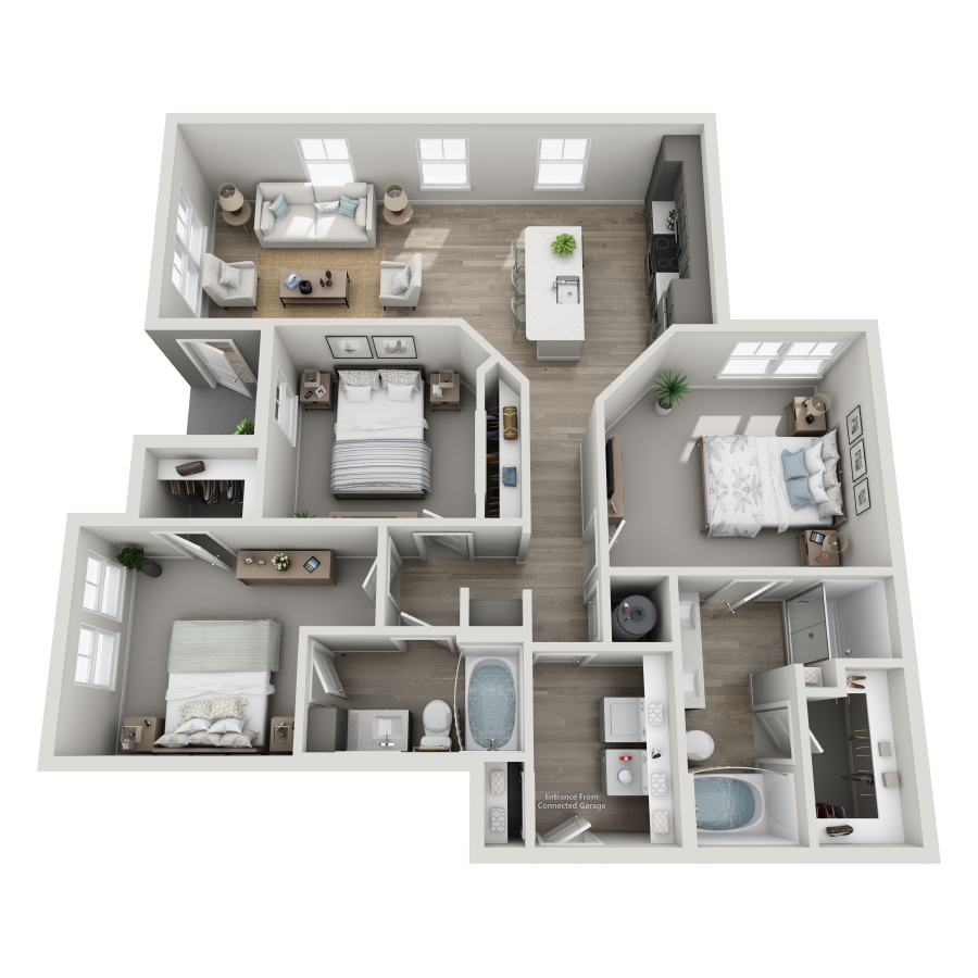 Rendering of the C1-L floor plan with 3 bedroom[s] and 2 bathroom[s] at Milo (Garden)