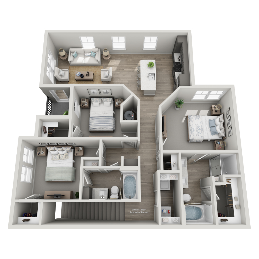 Rendering of the C1-U ALT floor plan with 3 bedroom[s] and 2 bathroom[s] at Milo (Garden)